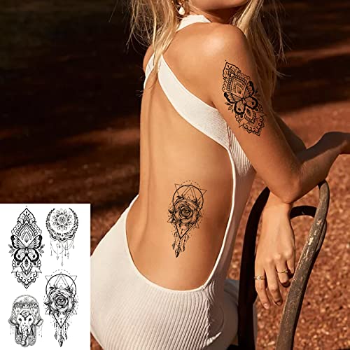 Temporary Tattoos 21 Sheets Waterproof Fake Tattoos Peony Body Art Arm Tattoo Black Henna Mandala Tattoo