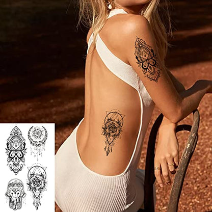 Temporary Tattoos 21 Sheets Waterproof Fake Tattoos Peony Body Art Arm Tattoo Black Henna Mandala Tattoo