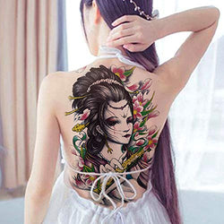 Colorful Asian Female  Full Back Tattoo - Temporary Waterproof and Durable