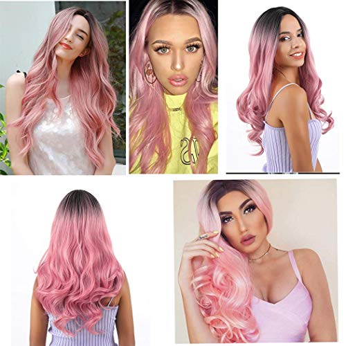 Black to Pink Ombre Synthetic Middle Parting 24 Inch Long 