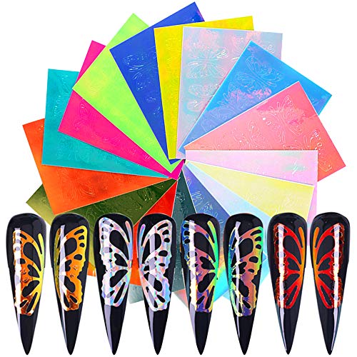 Butterfly Reflections Nail Art Stickers, 16 Colors Holographic Butterfly Nail Art Decals 3D Laser Nail Foils with Tape Self-Adhesive for DIY Nails Design Manicure Tips Nail Art Decor, 16 Sheets