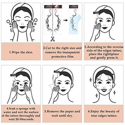 Temporary Baby Hair Tattoo Stickers, 6 Styles Waterproof Tattos Edge Tattoo with Bangs Edges Curly Hair Salon DIY Hairstyling Hair Stickers Template Makeup Tool for Women Girls