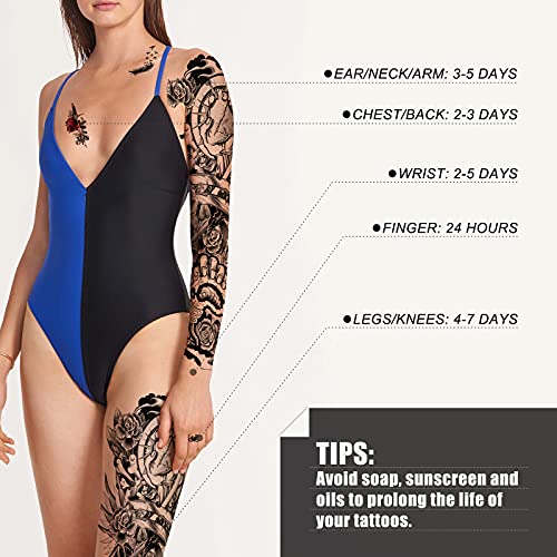 2 Sheets Full Arm Temporary Tattoos -Waterproof Fake Tattoos With Realistic Biochemical Arm Pattern Old School Body Art For Men Women Cute Leg Sleeve Tattoos Stickers For Adults Kids That Look Real