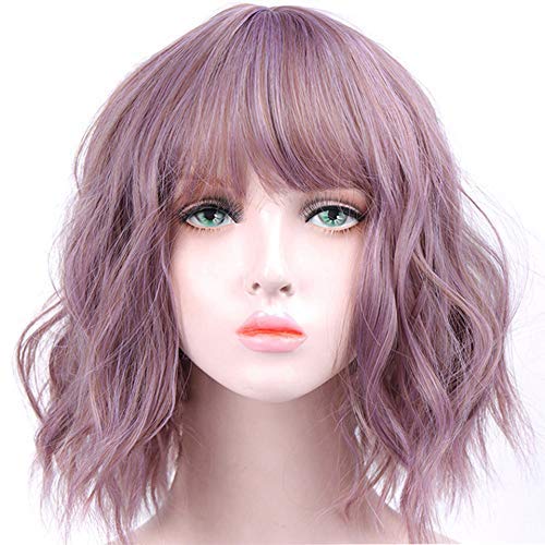 Mixed Taro Purple Gray Wavy Ombre Synthetic Human Hair Feel Heat Resistant Synthetic Wig with Full Customizable Air Bangs Mermaid Cosplay