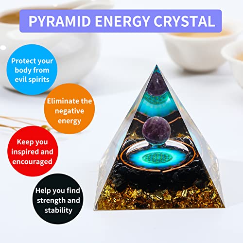 MXiiXM Orgone Pyramid for Positive Energy, Amethyst Crystal Ball Orgone Pyramid, Protection Crystals Energy Generator for Stress Reduce Healing Meditation Attract Wealth Lucky (Seed of Life)