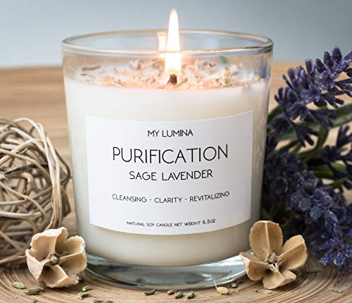 My Lumina Purification Sage Lavender Candle - Smudging Chakra Balancing Healing Candle Natural Soy Wax - White Sage Natural Scented Purifying Candle for Aromatherapy