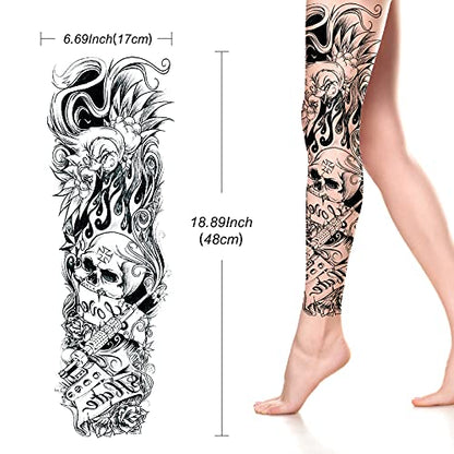 2 Sheets Temporary Tattoo Sticker-Waterproof Cool Arm Leg Back Body Sleeve Fake Tatoo For Women Men Adult Kids Long Lasting Temp Tatoos With Realistic Skull Pattern For Halloween Party Masquerade