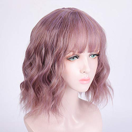 Mixed Taro Purple Gray Wavy Ombre Synthetic Human Hair Feel Heat Resistant Synthetic Wig with Full Customizable Air Bangs Mermaid Cosplay