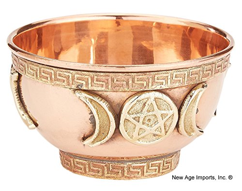 New Age Imports, Inc. bo, Triple Moon Pentacle Copper 3", for Altar, Ritual use, Incense Burner, smudging, Decoration, offering Bowl, 3" Diameter 2" Height