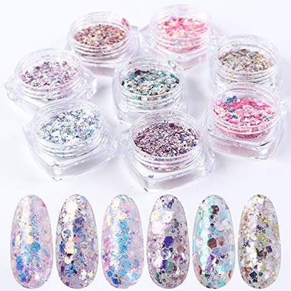 8 Box Set Holographic Nail Glitter Mermaid Powder Flakes Shiny Charms Hexagon Nail Art Pigment Dust Decoration Manicure