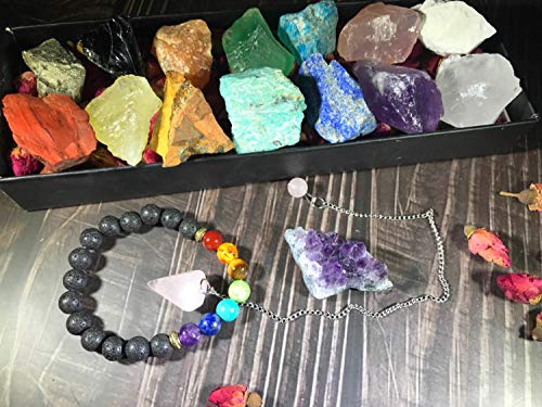 Tesh Care Chakra Therapy Starter Collection 17 pcs Healing Crystals kit, 7 Raw Chakra Stones,7 Colorful Gemstones, Amethyst,Rose Quartz Pendulum,Chakra Lava Bracelet,Dry Roses,Guide,COA,Gift Ready