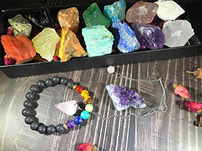 Tesh Care Chakra Therapy Starter Collection 17 pcs Healing Crystals kit, 7 Raw Chakra Stones,7 Colorful Gemstones, Amethyst,Rose Quartz Pendulum,Chakra Lava Bracelet,Dry Roses,Guide,COA,Gift Ready