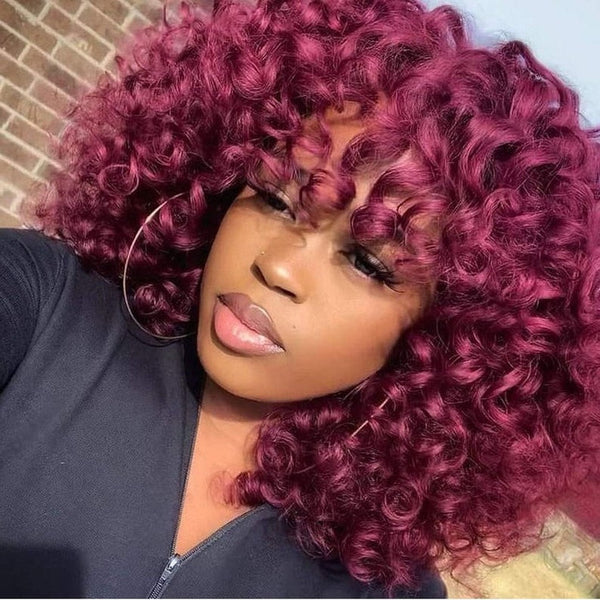 Professionally Design Human Hair Look and Feel Synthetic Short Curly Kinky Afro Wigs with Bangs