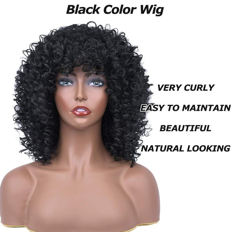Professionally Design Human Hair Look and Feel Synthetic Short Curly Kinky Afro Wigs with Bangs