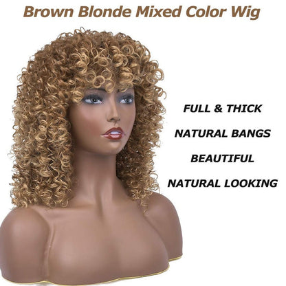 Professionally Design Human Hair Look and Feel Synthetic Short Curly Kinky Afro Wigs with Bangs