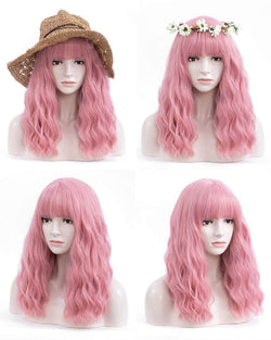 Rose Pink Shoulder Length 14" Full Synthetic Top Quality Heat Resistant Fiber Human Hair Feel Wig