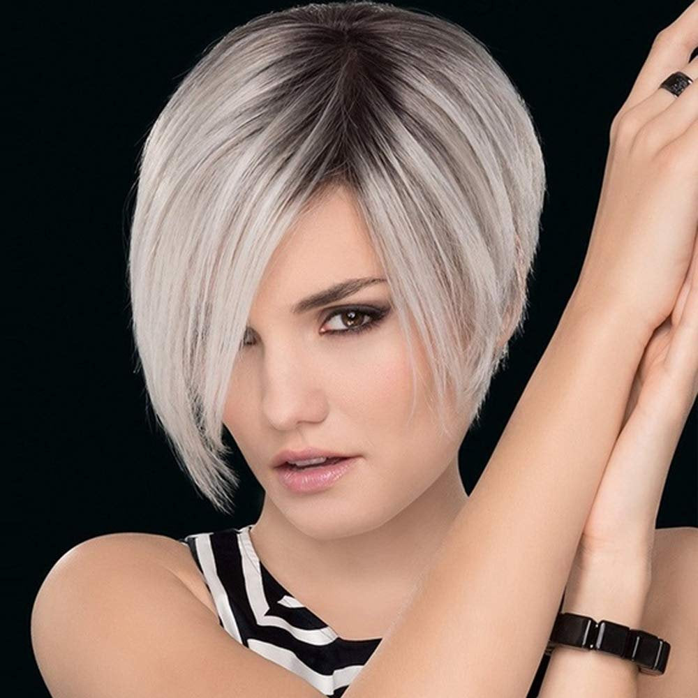 Ombre Black to Ash Blonde Gray Mix Bob Pixie Cut Straight 