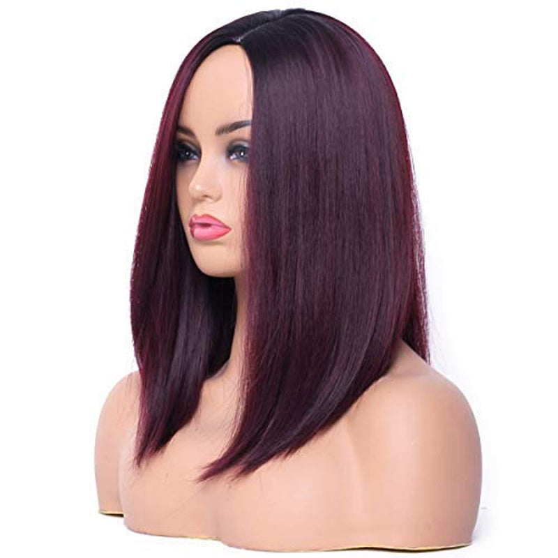 Ombre Wine Red Short Bob Wig Straight Heat-resistant Synthetic Hair 14" Side Parting
