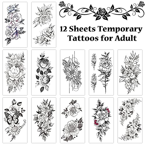 Semi Permanent Half Sleeve Tattoos Body Leg Makeup Waterproof, Flower Tatuajes Temporales-12 Sheets