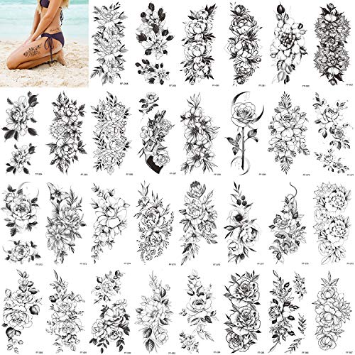 Set of 30 Temporary Tattoos Fake Flower Stickers Semi Permanent Tatuajes Temporales Long Lasting Realistic Flower Tats Waterproof Leg Makeup