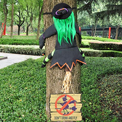 Crashing Witch into Tree Halloween Decoration with Don’t Drink and Fly Warning Sign
