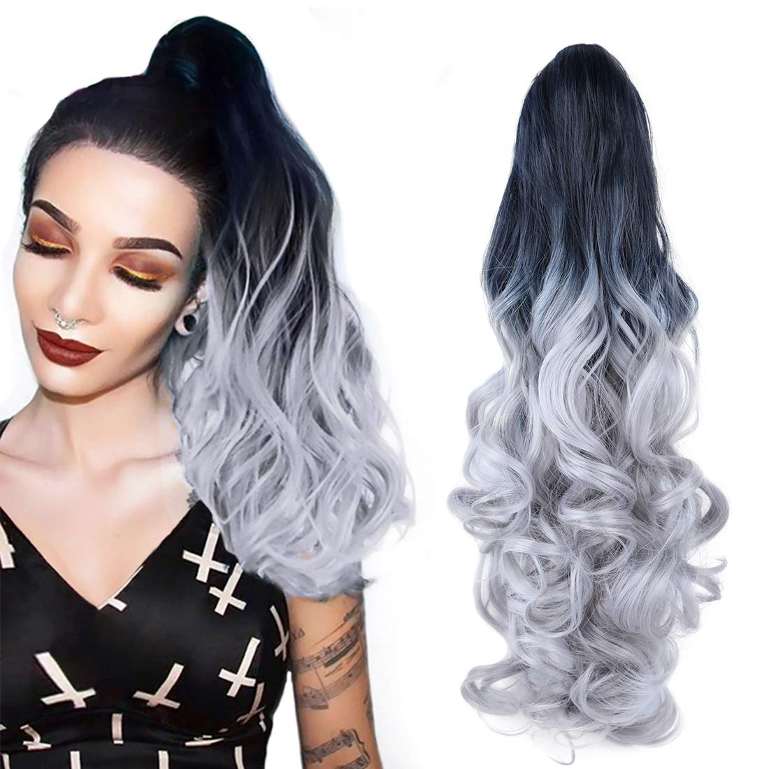 Two Tone Long Wave Curly Woman Claw Clip Ponytail Clip on/in Hair Extensions 21inch 55cm 100g