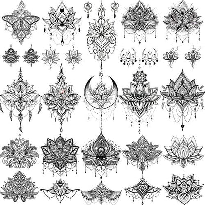 15 Sheets Sexy Black Henna Mehndi Lotus Temporary Tattoos For Women Fake Jewelry Lace Moon Moth Flowers Pendant Temp Tattoos Temporary Sticker For Girls Arm Neck Chest Breast Hanna Hena Tatoos