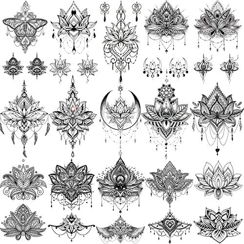 15 Sheets Sexy Black Henna Mehndi Lotus Temporary Tattoos For Women Fake Jewelry Lace Moon Moth Flowers Pendant Temp Tattoos Temporary Sticker For Girls Arm Neck Chest Breast Hanna Hena Tatoos