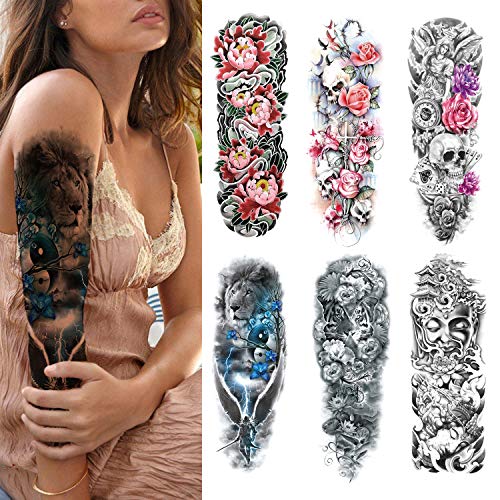 Full Arm Tattoo Sleeves, Temporary Sleeve Tattoos Fake Body Art Arm Tattoo for Men Women, 6-Sheet