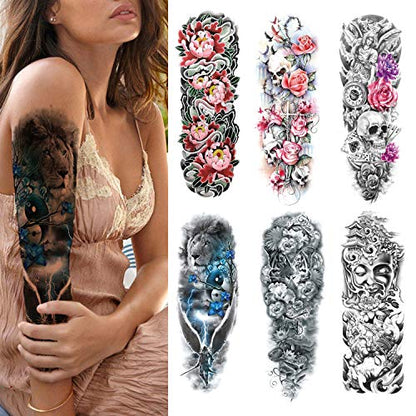Full Arm Tattoo Sleeves, Temporary Sleeve Tattoos Fake Body Art Arm Tattoo for Men Women, 6-Sheet
