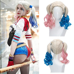 Harley Quinn Suicide Squad Daddy's Little Monster Synthetic Wavy Blonde Pink Blue Wig 22" Non Lace Front Human Hair Feel Drag Queen