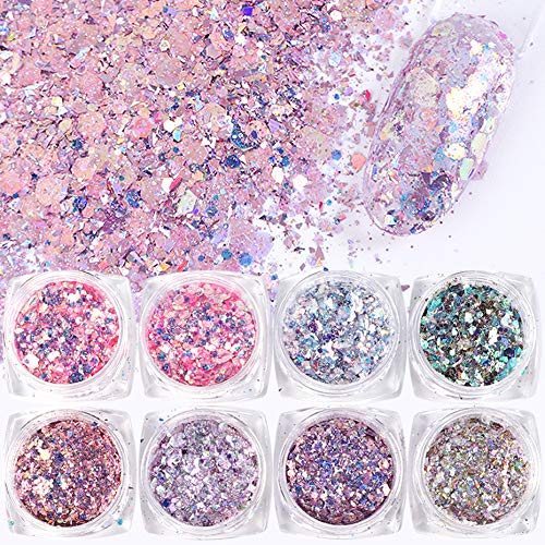 8 Box Set Holographic Nail Glitter Mermaid Powder Flakes Shiny Charms Hexagon Nail Art Pigment Dust Decoration Manicure