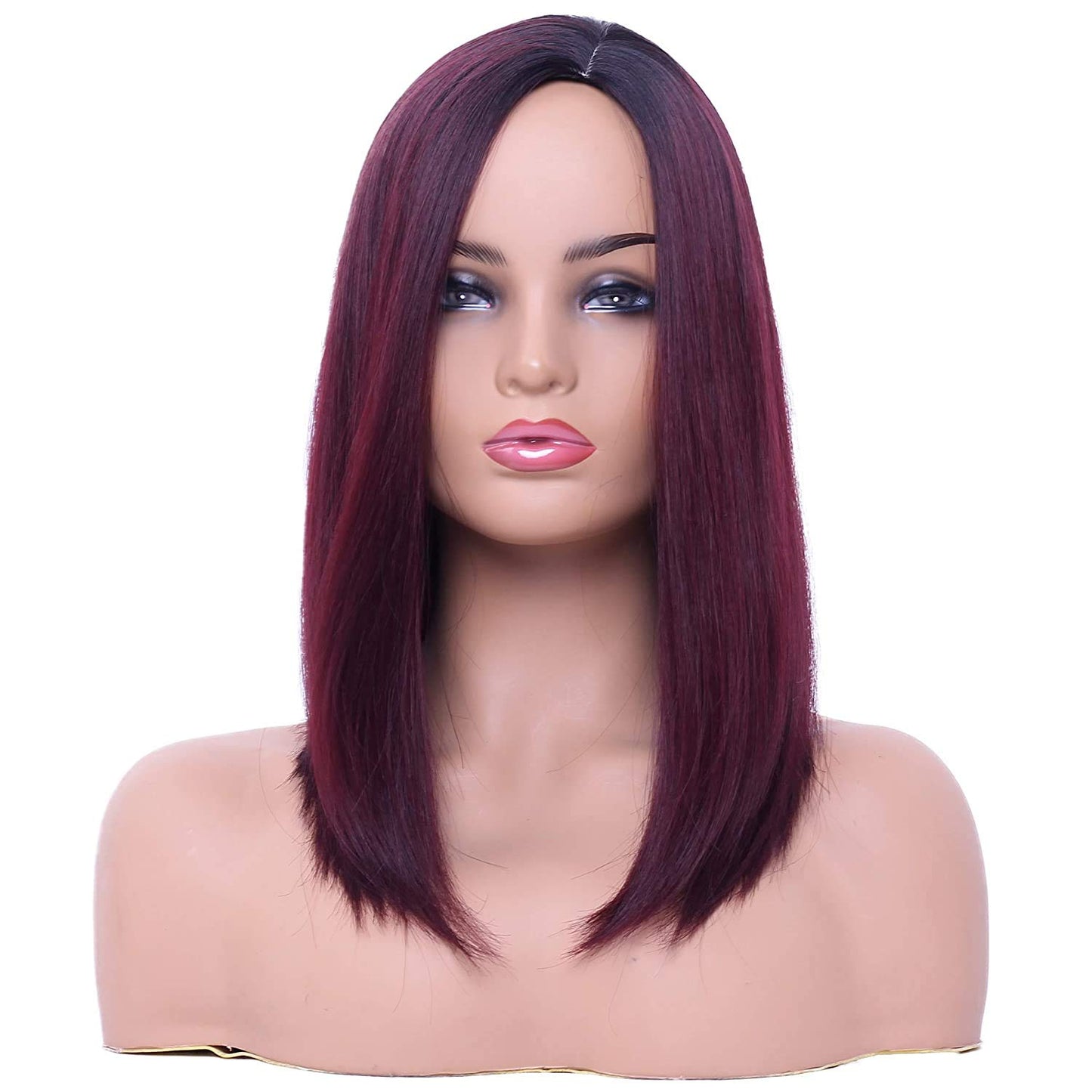 Ombre Wine Red Short Bob Wig Straight Heat-resistant Synthetic Hair 14" Side Parting