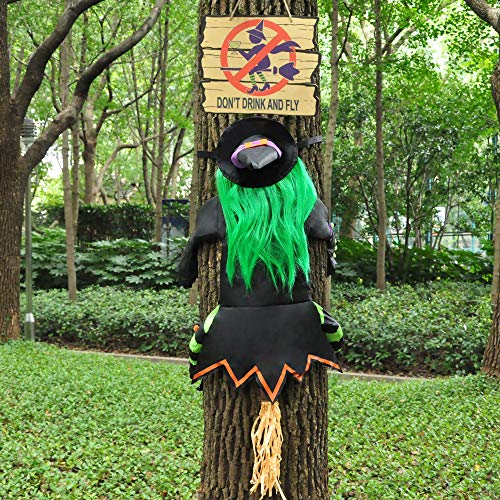 Crashing Witch into Tree Halloween Decoration with Don’t Drink and Fly Warning Sign