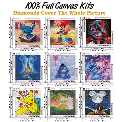 Star Wars and Other Cartoon Mega Collection Set of 9 Round Full Drill Crystal Rhinestone 5D Diamond DIY Crafts for Home Wall Decor (12x12inch)