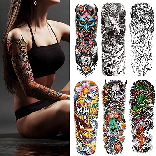 Fake Dragon Sleeve Tattoo Stickers, 6-Sheet Full Arm Dragon Temporary Tattoos Sleeves for Adult Kids Women Makeup