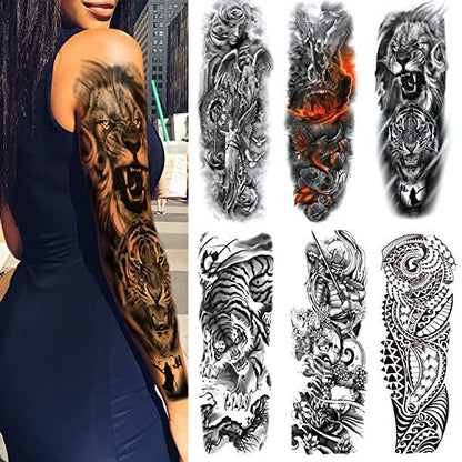 Temporary Tattoo Black Tattoo Full Arm Sleeve Temporary Tattoo Stickers Body Art for Men Women, 6-Sheet