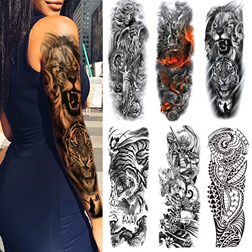 Temporary Tattoo Black Tattoo Full Arm Sleeve Temporary Tattoo Stickers Body Art for Men Women, 6-Sheet