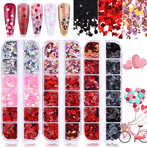 36 Grids Holographic Heart Nail Art Glitter Sequins, Mix-Shaped Laser Heart Butterfly Lips Confetti Glitter Flakes for Valentine's Day Makeup DIY Nail A