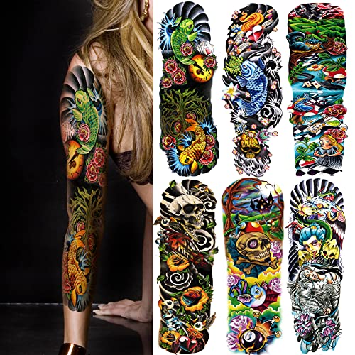 Fake Watercolor Sleeve Tattoos Stickers, 6-Sheet Full Arm Fish Skull Temporary Tattoos Sleeves for Adult Kids Women Makeup