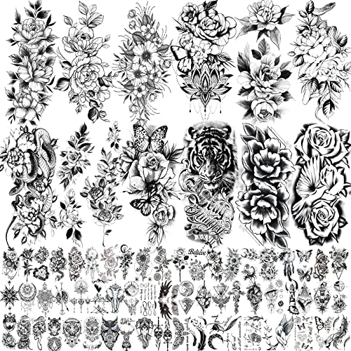 72 Sheets Temporary Tattoos for Women, Including 12 Sheets Large Sexy Flowers Fake Tattoos That Look Real and Last Long, Waterproof Rose Moon Butterfly Tiger Snake Tattoos and Temporary Flowers Tattoos for Women and Girls