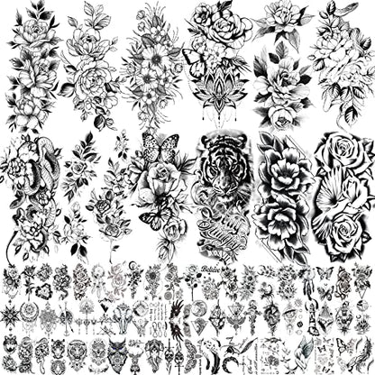 72 Sheets Temporary Tattoos for Women, Including 12 Sheets Large Sexy Flowers Fake Tattoos That Look Real and Last Long, Waterproof Rose Moon Butterfly Tiger Snake Tattoos and Temporary Flowers Tattoos for Women and Girls