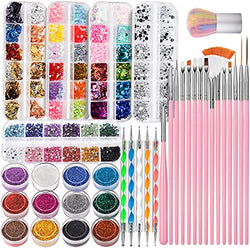 Nail Art Kit, Nail Design Tools Kit with Nail Art Brushes, Nail Dotting Tools, Fine Glitter, Nail Butterfly, Nail Heart Glitter Sequins, Nail Foil Flakes, Nail Art Rhinestones, Nail Dust Brush