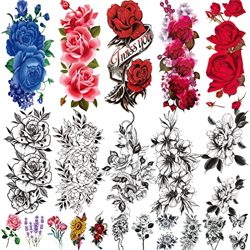 Temporary Tattoos 21 Sheets Waterproof Fake Tattoos Rose Peony Body Art Arm Tattoo
