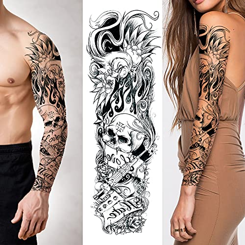 2 Sheets Temporary Tattoo Sticker-Waterproof Cool Arm Leg Back Body Sleeve Fake Tatoo For Women Men Adult Kids Long Lasting Temp Tatoos With Realistic Skull Pattern For Halloween Party Masquerade