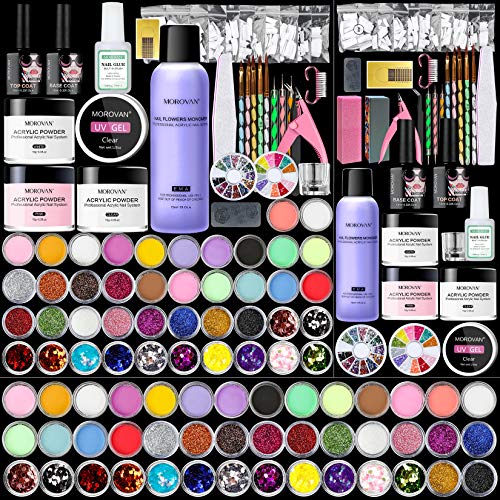 Morovan Acrylic Nail Kit - 42 Colors Glitter Acrylic Nail Powder and Monomer Acrylic Nail Liquid Set Nail Tips Acrylic Powder System for Nail Extension and Decoration 3D Manicure DIY Acrylic Nails