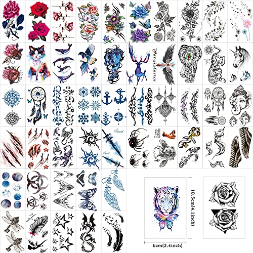 62 Sheets Black Large Temporary Tattoos Stickers for Women Men and Girl, Includes 10 Large Fake Tattoos That Look Real and Last Long