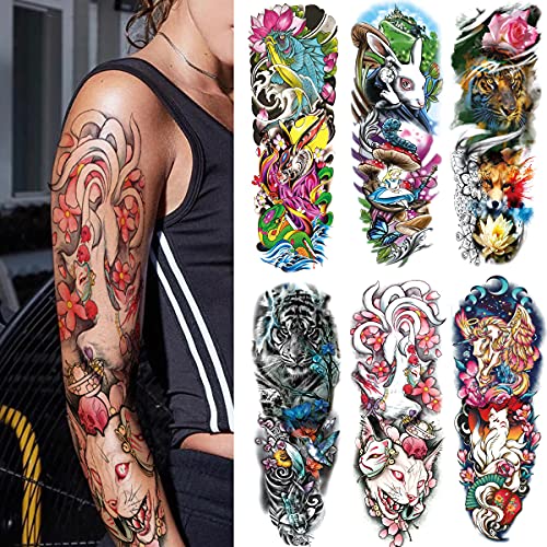 Fake Tiger Wolf Rabbit Full Arm Temporary Tattoos Sleeves for Adult 6 Sheets