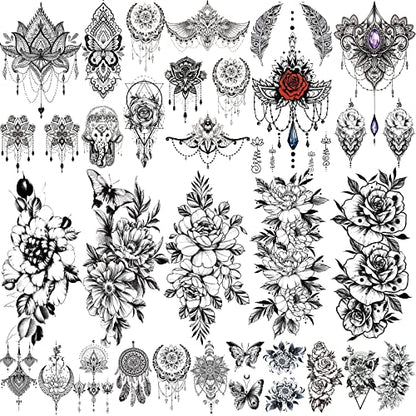 Temporary Tattoos 21 Sheets Waterproof Fake Tattoos Peony Body Art Arm Tattoo Black Henna Mandala Tattoo