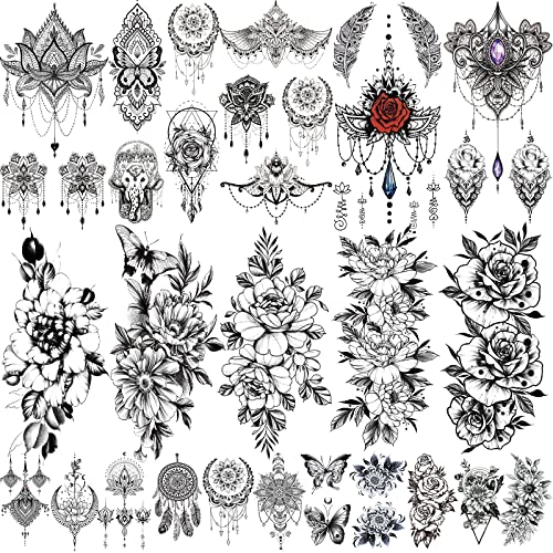 Temporary Tattoos 21 Sheets Waterproof Fake Tattoos Peony Body Art Arm Tattoo Black Henna Mandala Tattoo